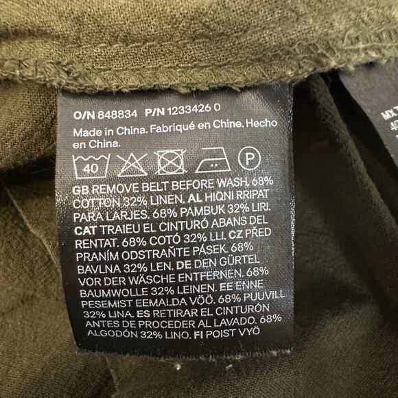 H&M Linen Blend Shirt Dress XXL Dark Khaki Green Button Up Cuffed Short Sleeve - Picture 7 of 8